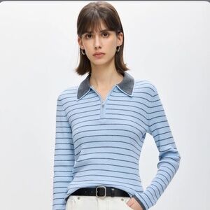 LILY Zip Polo Stripe Knit Sweater -Stylish Striped Long Sleeve Polo Top